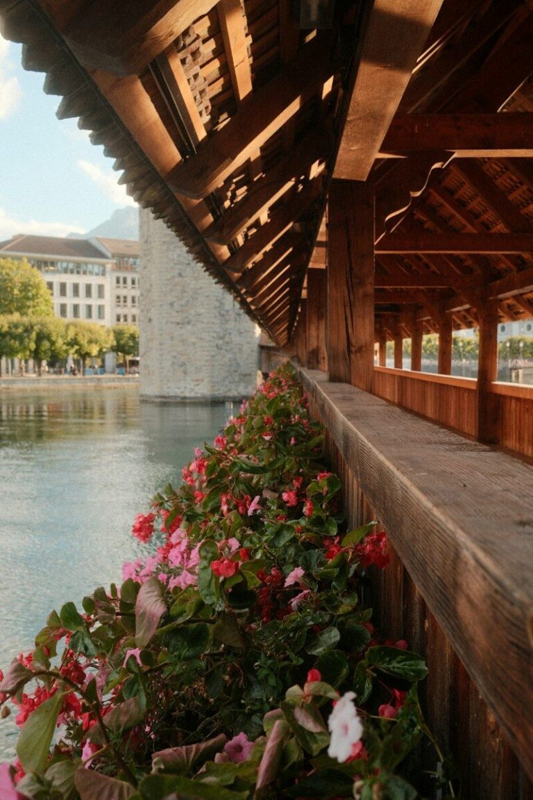 Pink flowers lining the wooden Chapel Bridge over the Reuss river in Lucerne