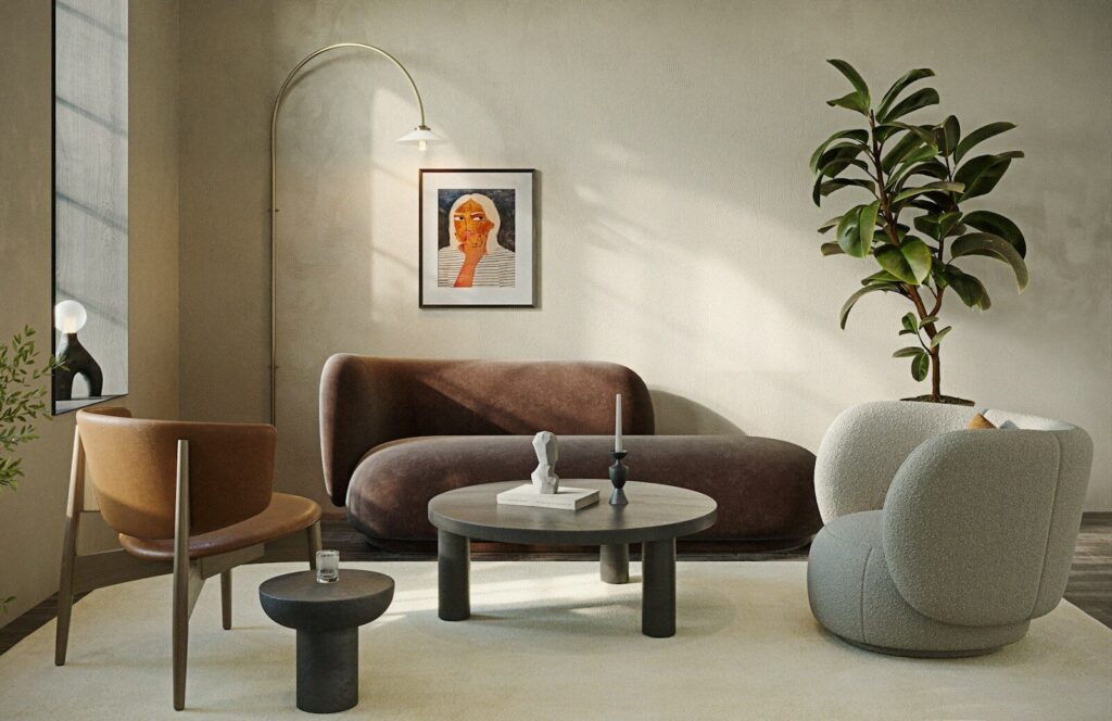 A 3D render of a living room with a curved sofa, armchairs, and coffee table