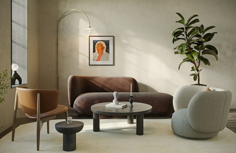 A 3D render of a living room with a curved sofa, armchairs, and coffee table