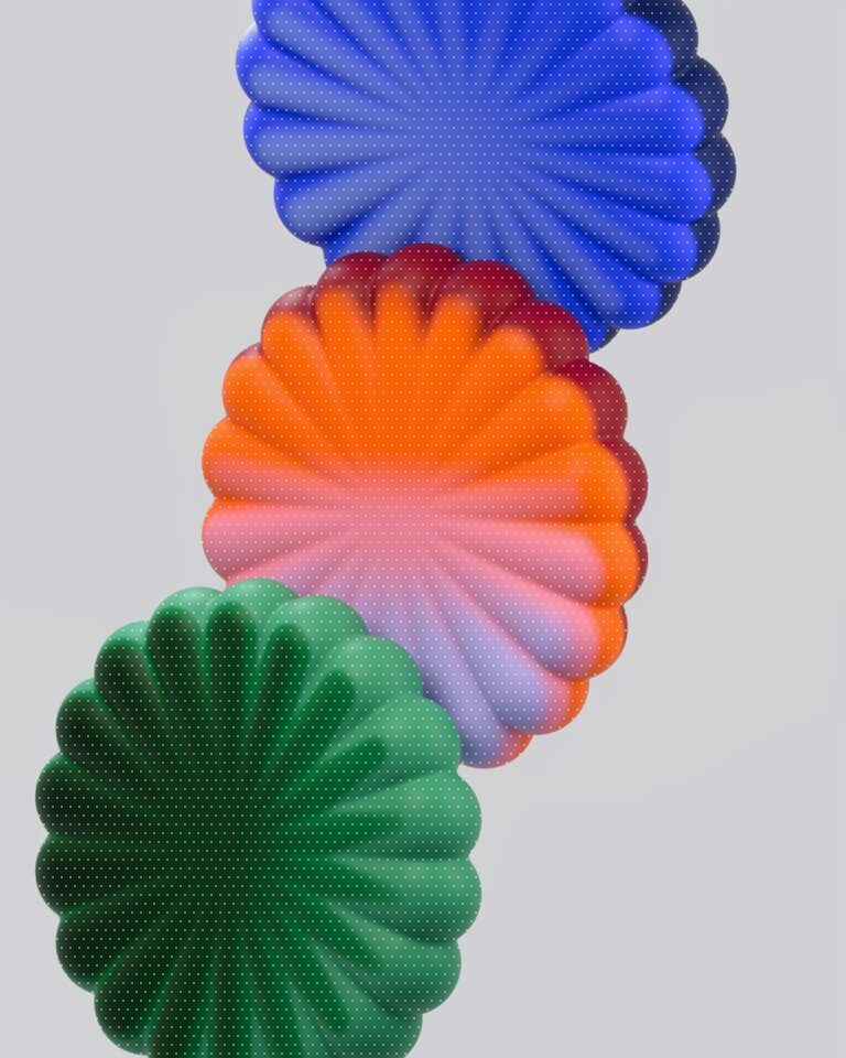 A 3D render of three scalloped circular shapes in blue, orange, and green with a dotted texture
